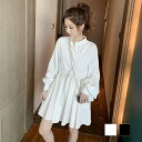 韓国 シャツワンピース 長袖 ミニワンピギャザーワンピース 白ワンピース低身長 ミニワンピ フレア