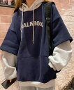 裏起毛 レイヤード風 パーカーレディース体型カバー 秋冬服 長袖ビッグパーカー 切り替え トップス