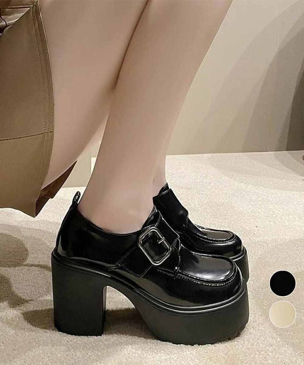厚底ローファーレディース太ヒールパンプス身長盛れ靴 厚底靴 履きやすいシューズ 学院風ローファー黒