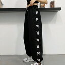 スウェットパンツ サイドバタフライストレートパンツ黒 裾ストリングパンツ スポーツウェア