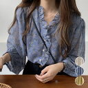 襟フリル シースルー 花柄ブラウス 女性シフォンブラウス秋 オフィスカジュアル 韓国ファッション服