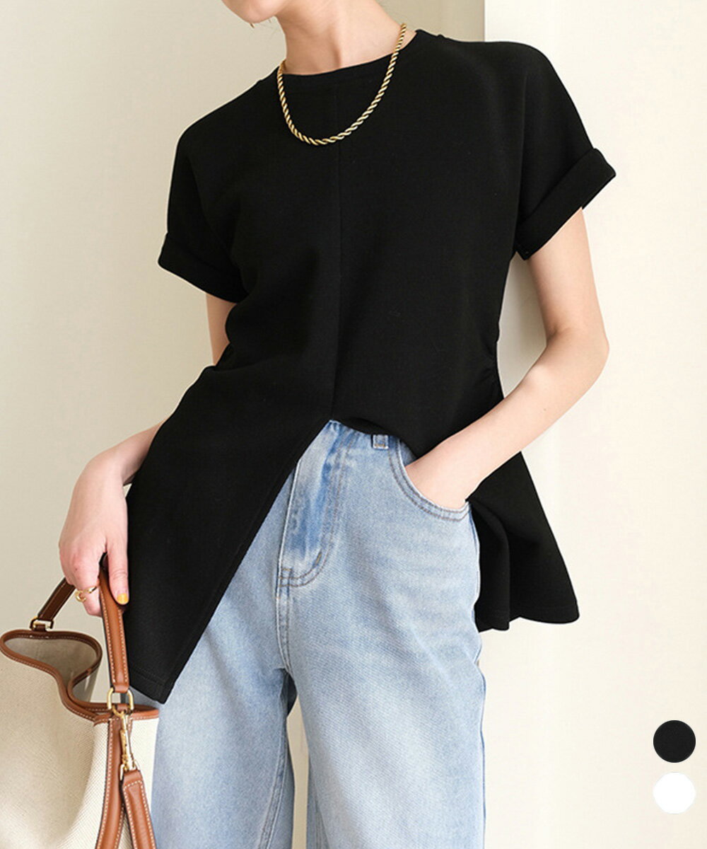 フロントスリットtシャツレディース韓国風大人可愛いトップス 着やせカットソー夏 aラインtシャツ白