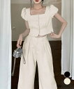 セットアップ春夏半袖トップスワイドパンツデート服フェミニン OL通勤服らくちん ウエストゴムパンツ