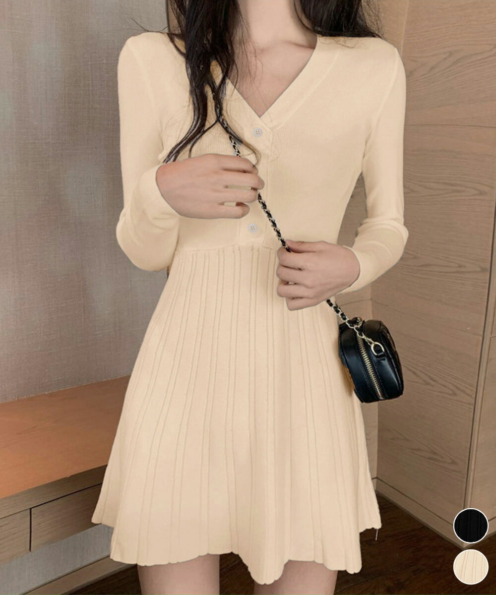 Vネックニットワンピース 飾りボタン付き着回しニットワンピ 重ね着ワンピース黒 お出かけワンピ長袖