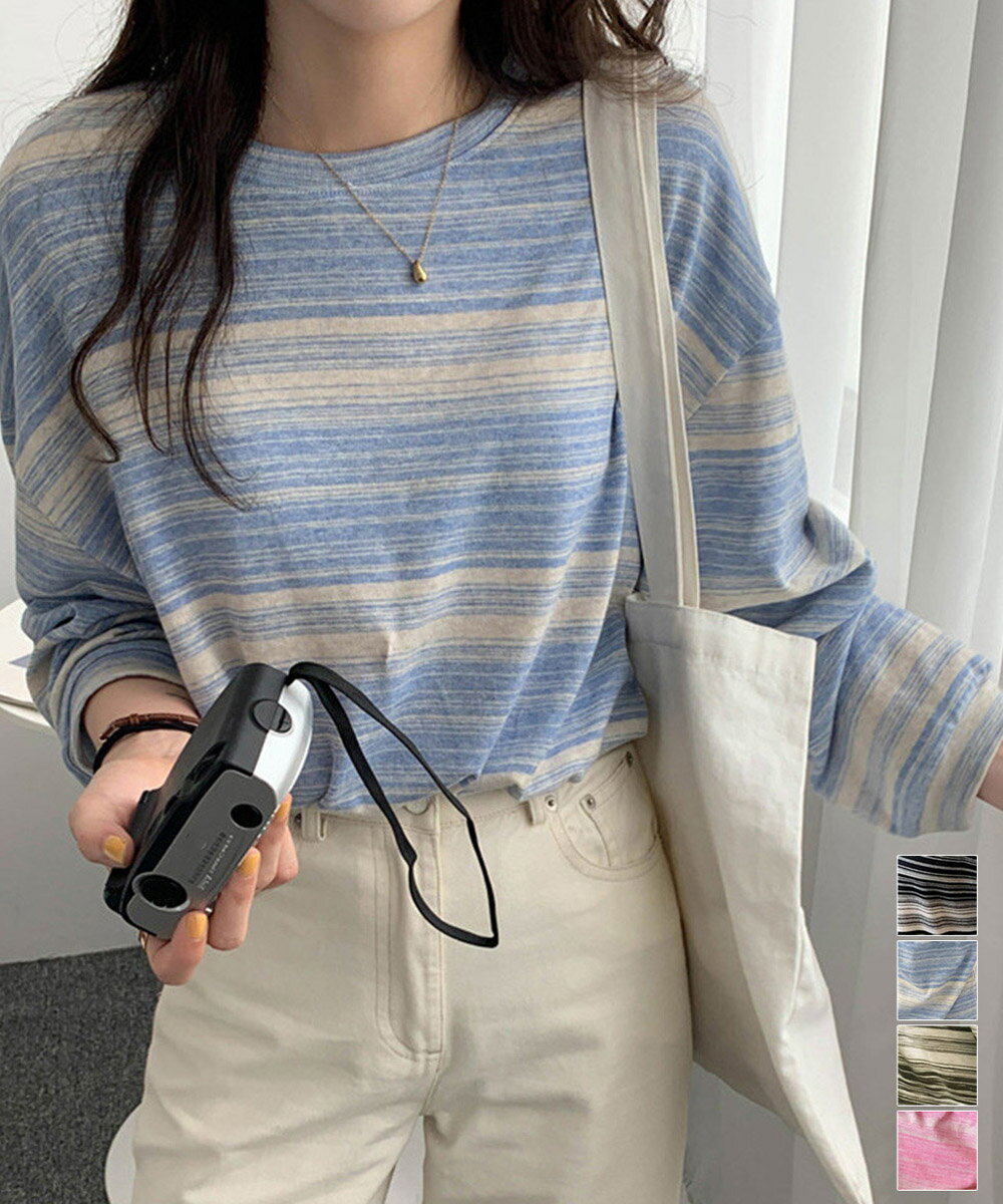 Tシャツ 韓国風 カットソートップス春秋マルチボーダー柄 薄手大人カジュアル シンプル tシャツ
