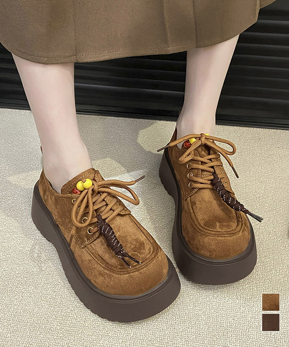 厚底ローファー レースアップ 韓国風靴編み上げローファー 疲れにくい 厚底靴 太ヒールシューズ
