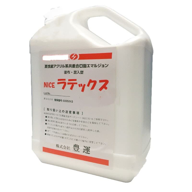 ●特　長 1．塗布工法・混入工法で使用できる汎用型セメント用ラテックスです。 2．モルタル等への混入工法では、下地の接着性や耐吸水性等を向上させ、優れた作業性が得られます。 3．3〜5倍液に希釈した塗布工法としては、下地の吸水調整にも優れた性能を発揮します。 4．床部モルタル施工下地の吸水調整材として最適です。 5．JIS A6203規格適合品です。 ●塗布工法（希釈調合） ・コンクリート壁 　ラテックス＃45　1：水　2　（塗布量：150g／m2） ・コンクリート床 　ラテックス＃45　1：水　3　（塗布量：200g／m2） ・ALC壁、ALC床 　ラテックス＃45　1：水　4　（塗布量：450g／m2） 　（1回目　250g／m2、2回目　200g／m2） 荷　姿 品　名：NICEラテックス＃45 荷　姿：4kg／缶 &nbsp; 買い物カゴのプルダウンで有料オプションをお選びいただけますが、ご注文時の合計金額には反映されません。 当店でご注文内容を確認後に、金額修正を行い、最終的な金額をメールにてご連絡差し上げます。西濃運輸 営業所検索