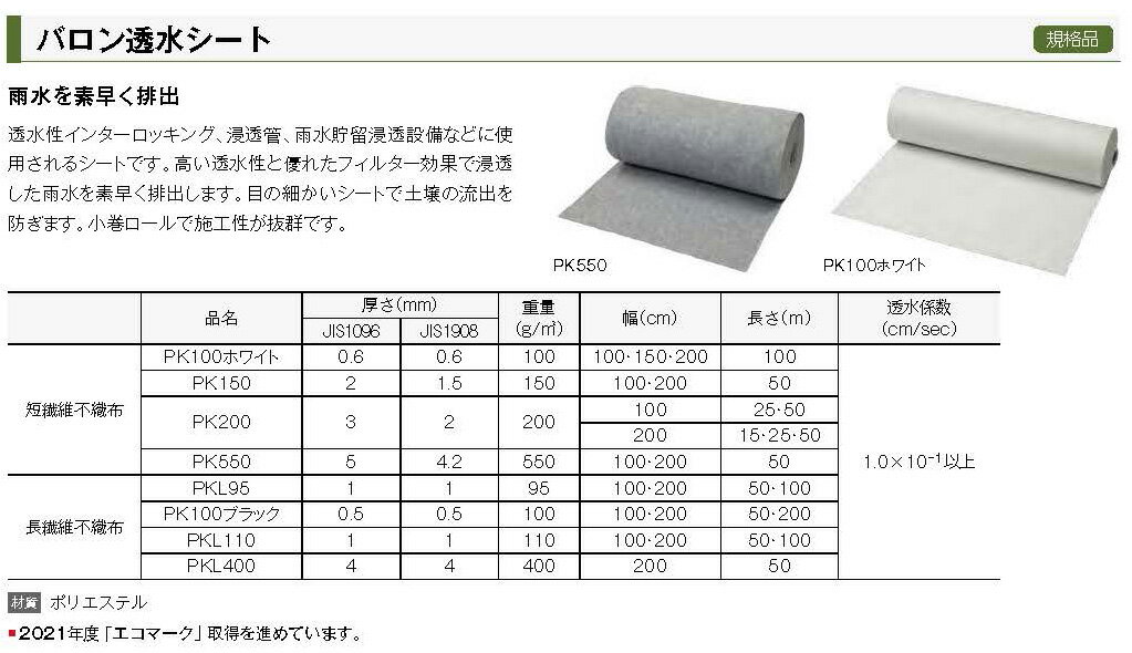 バロン透水シート PK100 1mx100m／巻 白 浸透管 雨水貯留浸透設備 小泉製麻株式会社 2