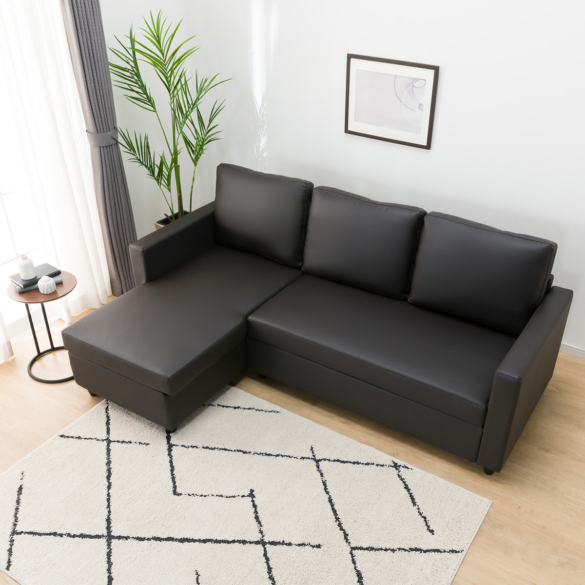 傷・汚れに強い合成皮革 収納付きカウチソファ(ノアーク2 Nシールド DBR)　 【配送員設置商品】