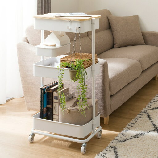 ニトリの【いろいろ使える】スチールワゴントロリレギュラー 蓋トレー付き4点セット(リビング収納)