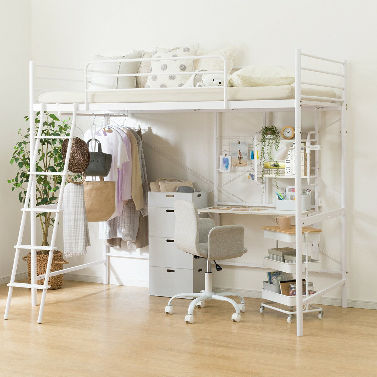 スチールハイベッド+棚付きデスクセット(HB02)　 【配送員設置商品】