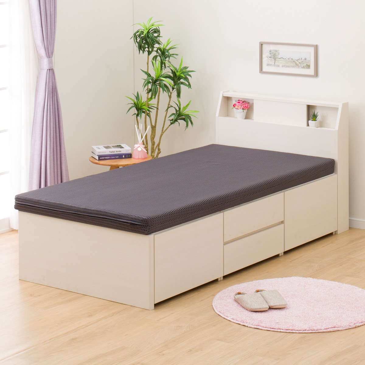 [幅98cm] シングルベッドフレーム＋マットレスセット(アザン3 チェスト40J WW/U3 VB) ベッド ベッドフレーム シングル 収納付きベッド 引出し 引き出し フルスライドレール LED照明 コンセント チェスト マットレス カルファイバー  【配送員設置】 【5年保証】