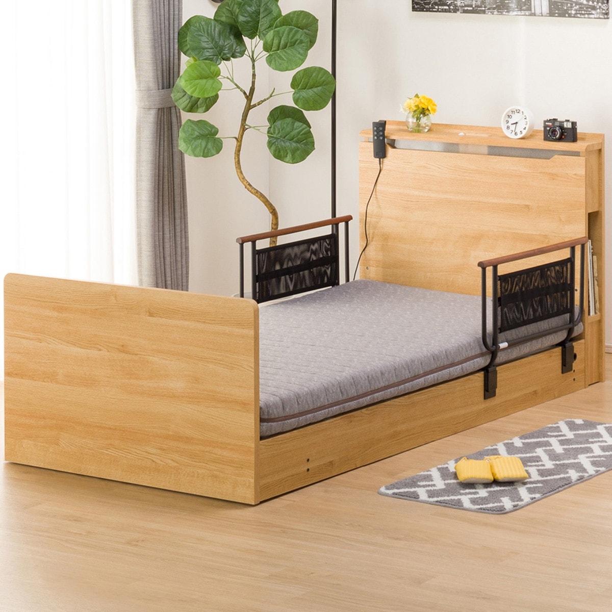 【非課税】幅98cm 電動ベッドマットレスサイドガード2pセット (コンソン 2M02 LBR/ロリー)  【配送員設置】 【【ベッド・マットレス】5年【サイドガード】1年保証】