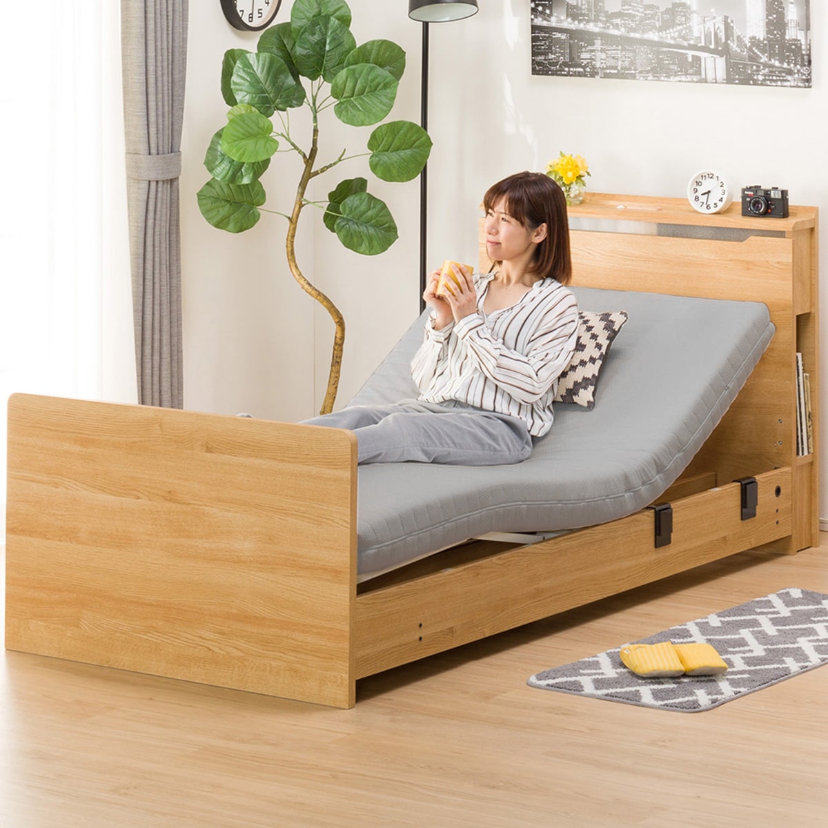 【非課税】幅98cm 電動ベッドマットレスセット (コンソン2M02 LBR/NスリープE1-03VH)  【配送員設置】 【5年保証】