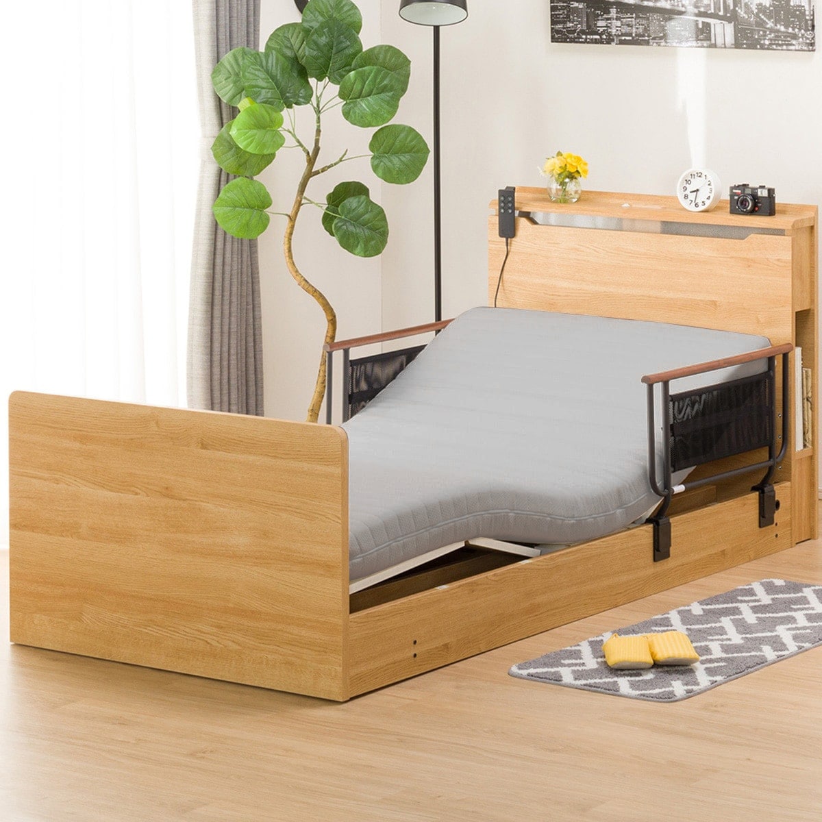 【非課税】幅98cm 電動ベッドマットレスサイドガード2pセット (コンソン2M02 LBR/NスリープE1-03VH)  【配送員設置】 【5年/【サイドガード】1年保証】