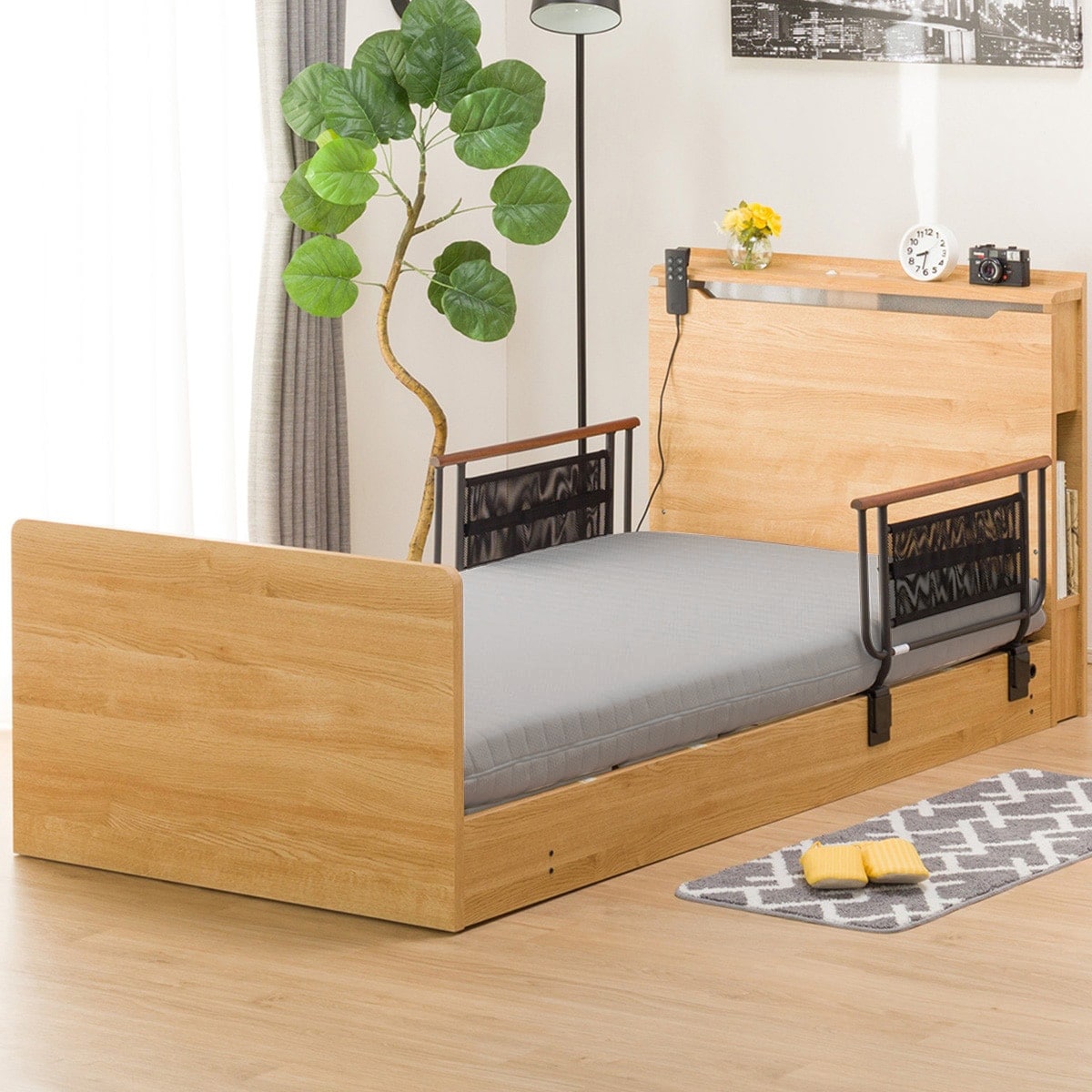 【非課税】幅98cm 電動ベッドマットレスサイドガード2pセット (コンソン2M02 LBR/NスリープE1-03VH)  【配送員設置】 【5年/【サイドガード】1年保証】