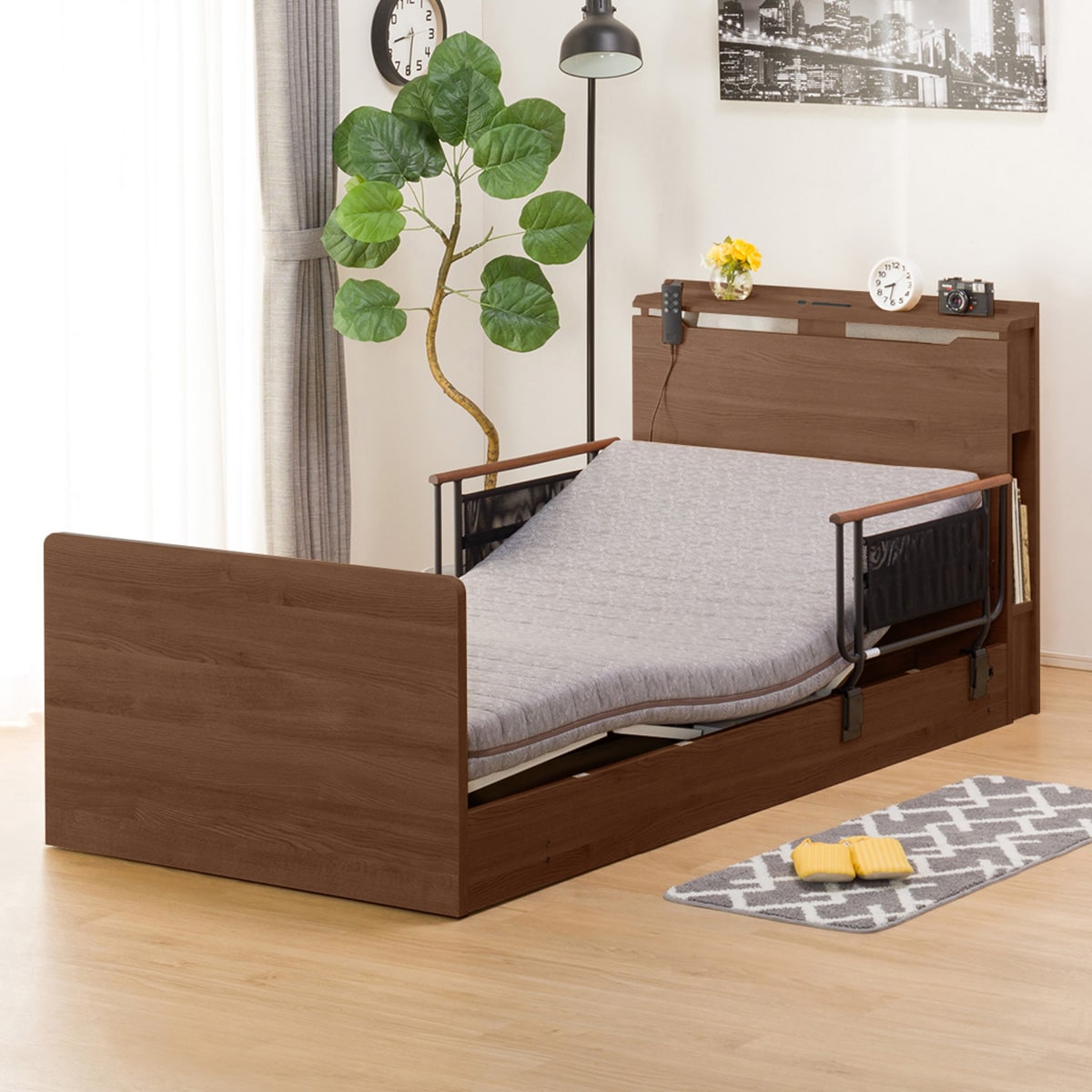 【非課税】幅98cm 電動ベッドマットレスサイドガード2pセット (コンソン 2M02 MBR/ロリー)  【配送員設置】 【【ベッド・マットレス】5年【サイドガード】1年保証】