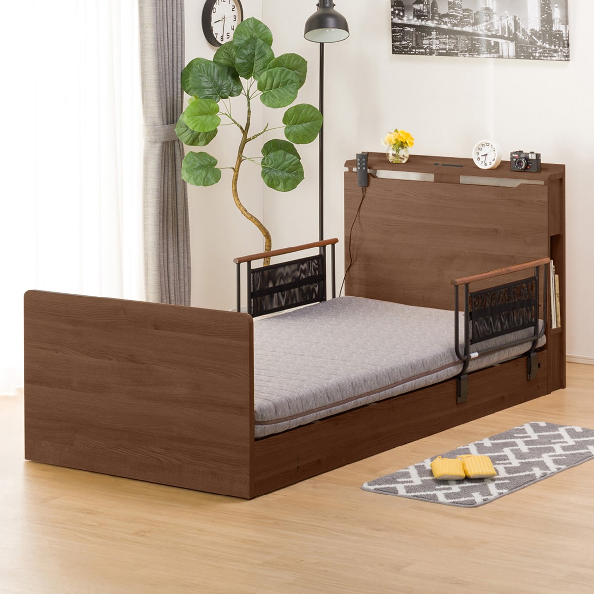 【非課税】幅98cm 電動ベッドマットレスサイドガード2pセット (コンソン 2M02 MBR/ロリー)  【配送員設置】 【【ベッド・マットレス】5年【サイドガード】1年保証】