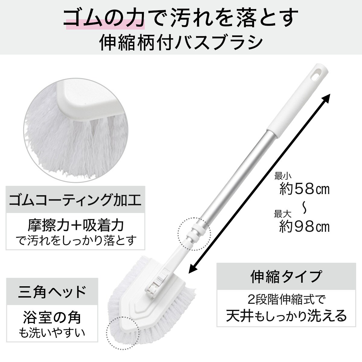 ゴムの力で汚れを落とすバスブラシ