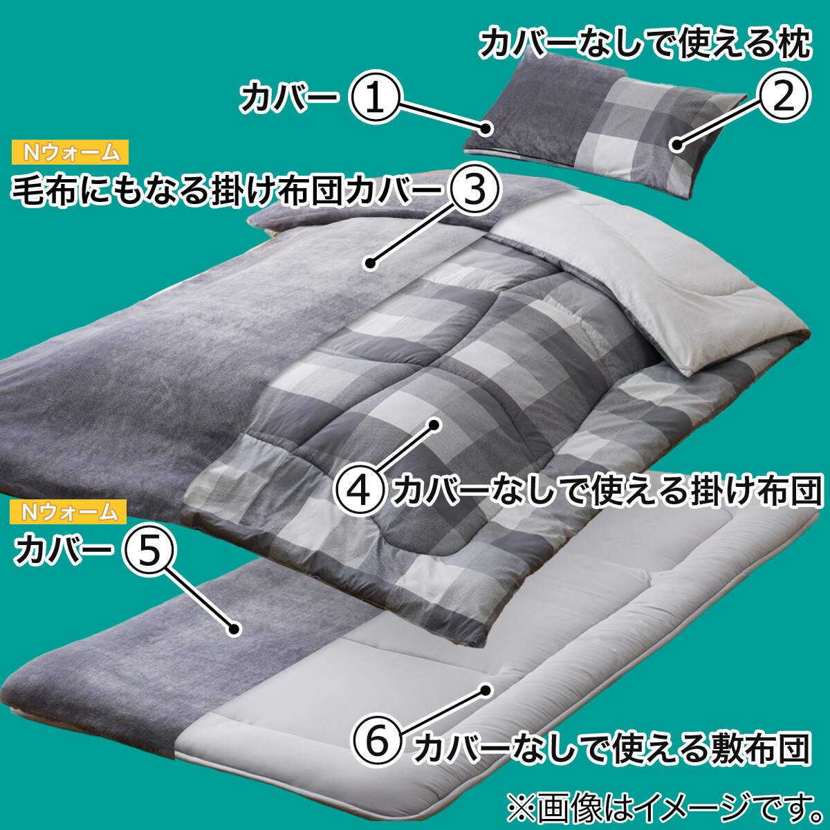 エントリーで全商品P5倍〕Nウォーム寝具6点セット(NW S2405 GY エントリーで全商品P5倍〕Nウォーム寝具6点セット(NW S2405 GY