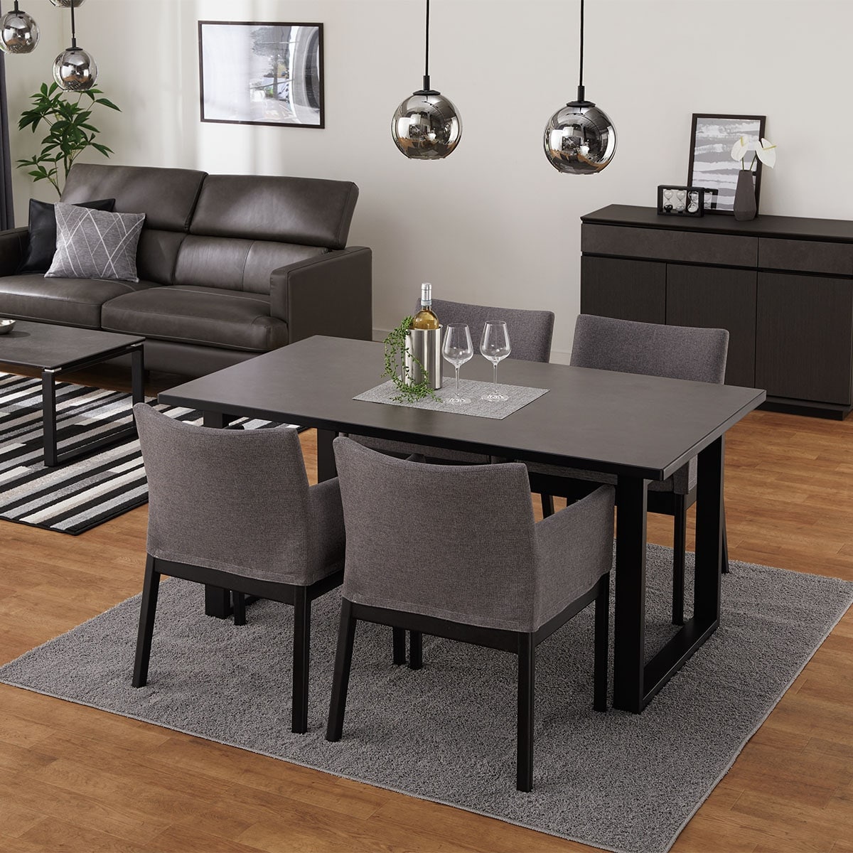 ダイニングテーブル5点セット(Nコレクション T-11U 150A BK/GY/チェアC-50肘付き BK/MGY)【配送員設置商品】