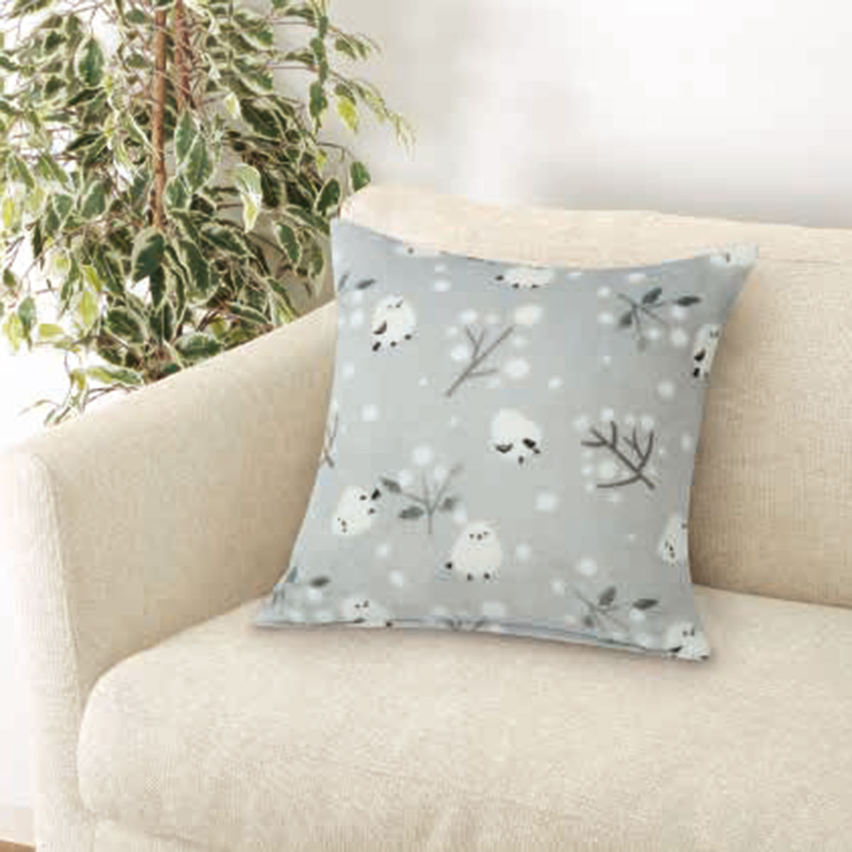 クッションカバー(Nウォームシマエナガグレー Sq1)　  デコホーム