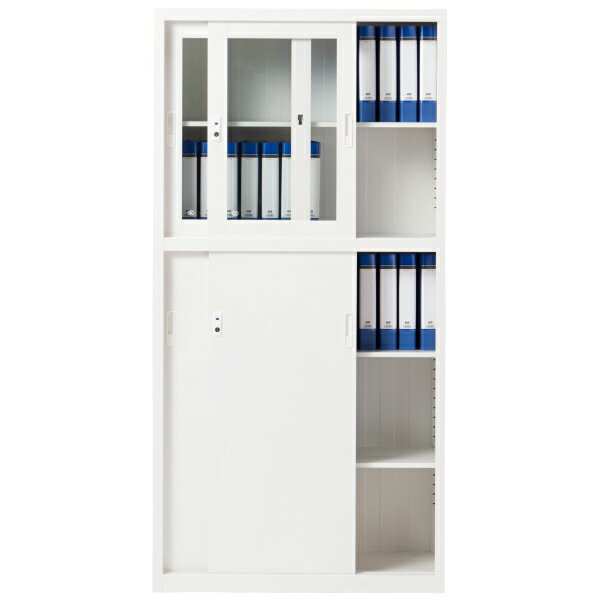 [幅90cm]スチール書庫 上ガラス引戸・下引戸タイプ(TSNS2-02N 引戸)  【配送員設置】 【3年保証】