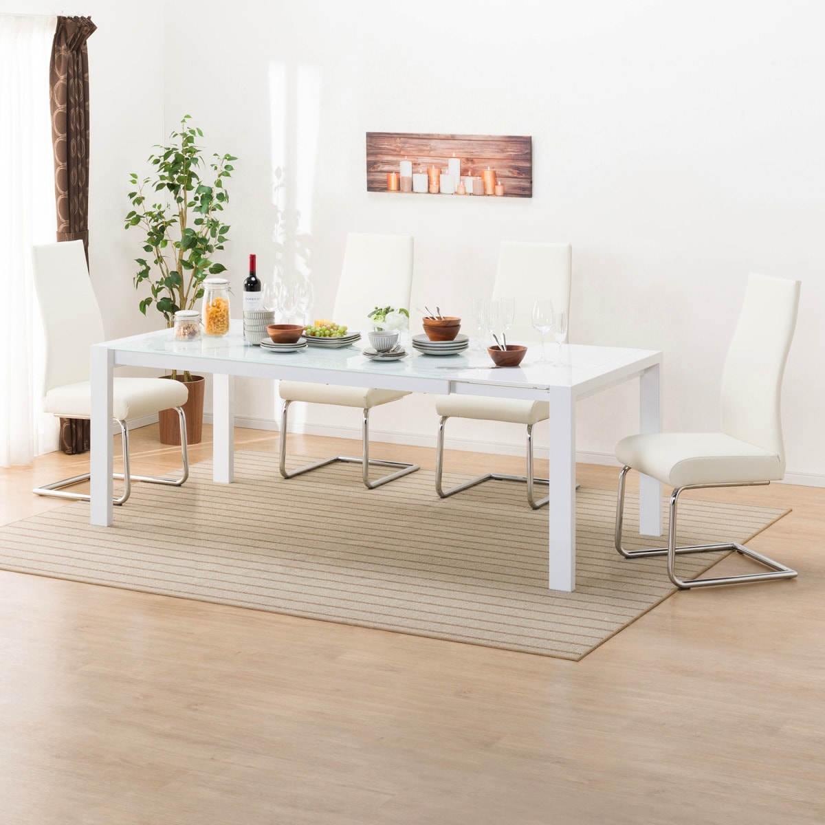 伸長式ダイニングテーブル5点セット (DT160/200 ES01 WH/DC Nシールド ロフト2H IV)  【配送員設置商品】 【5年保証】