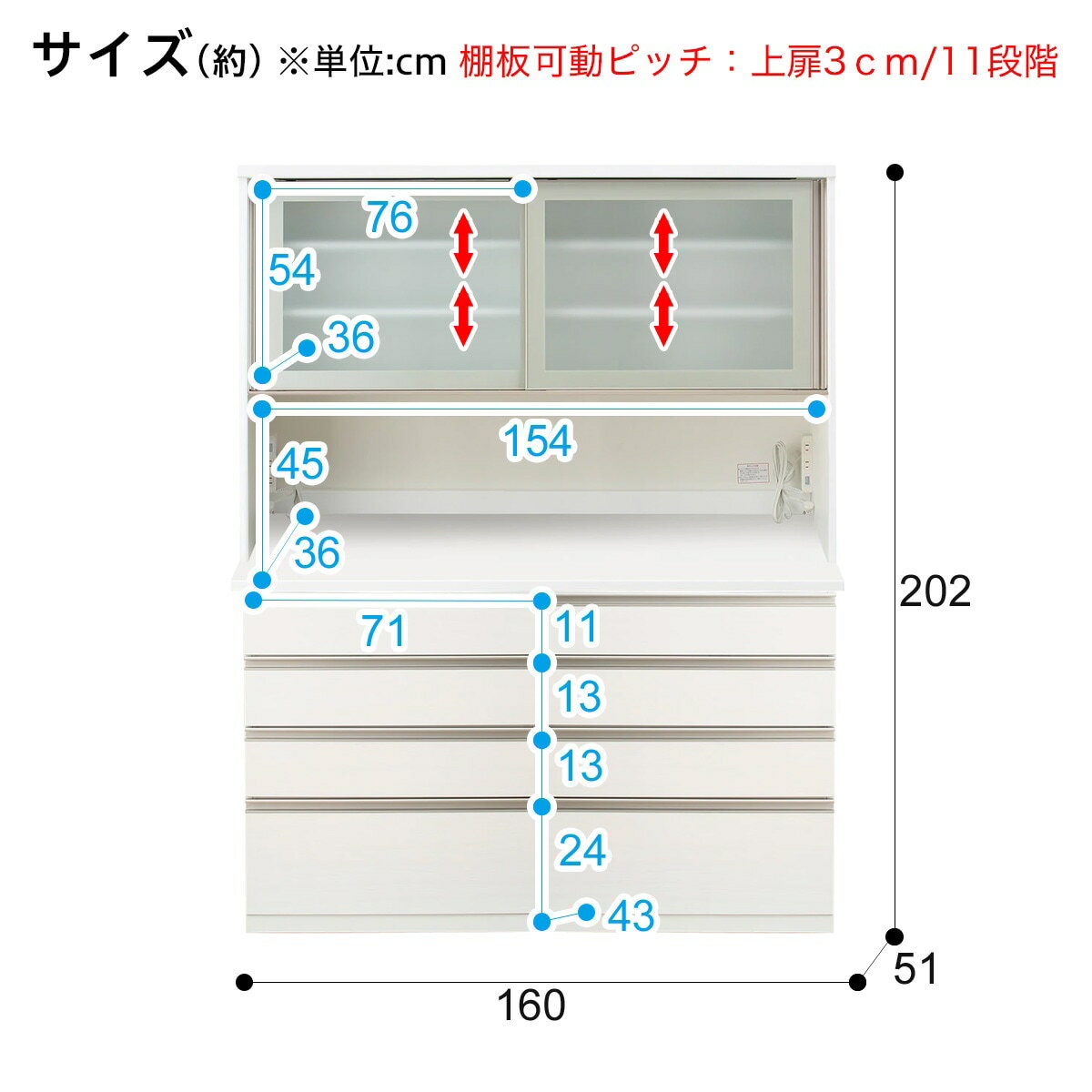 [幅160cm] キッチンボード (リガーレ50GH-160KB/H50-80C WH)  【配送員設置】 【5年保証】