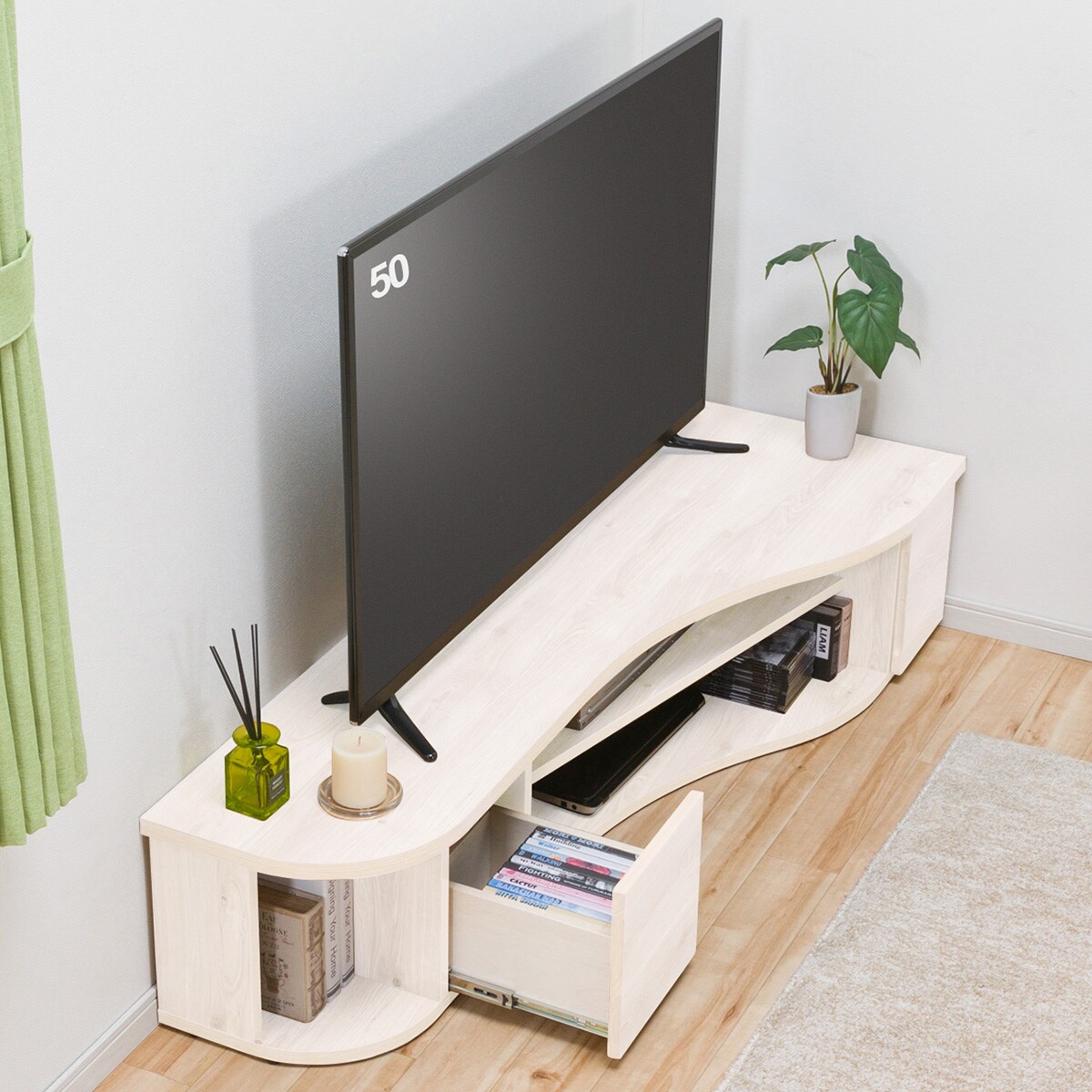コーナー有効活用 流線形テレビボード(右寄せタイプ ホワイト コーナー有効活用 流線形テレビボード(右寄せタイプ ホワイト
