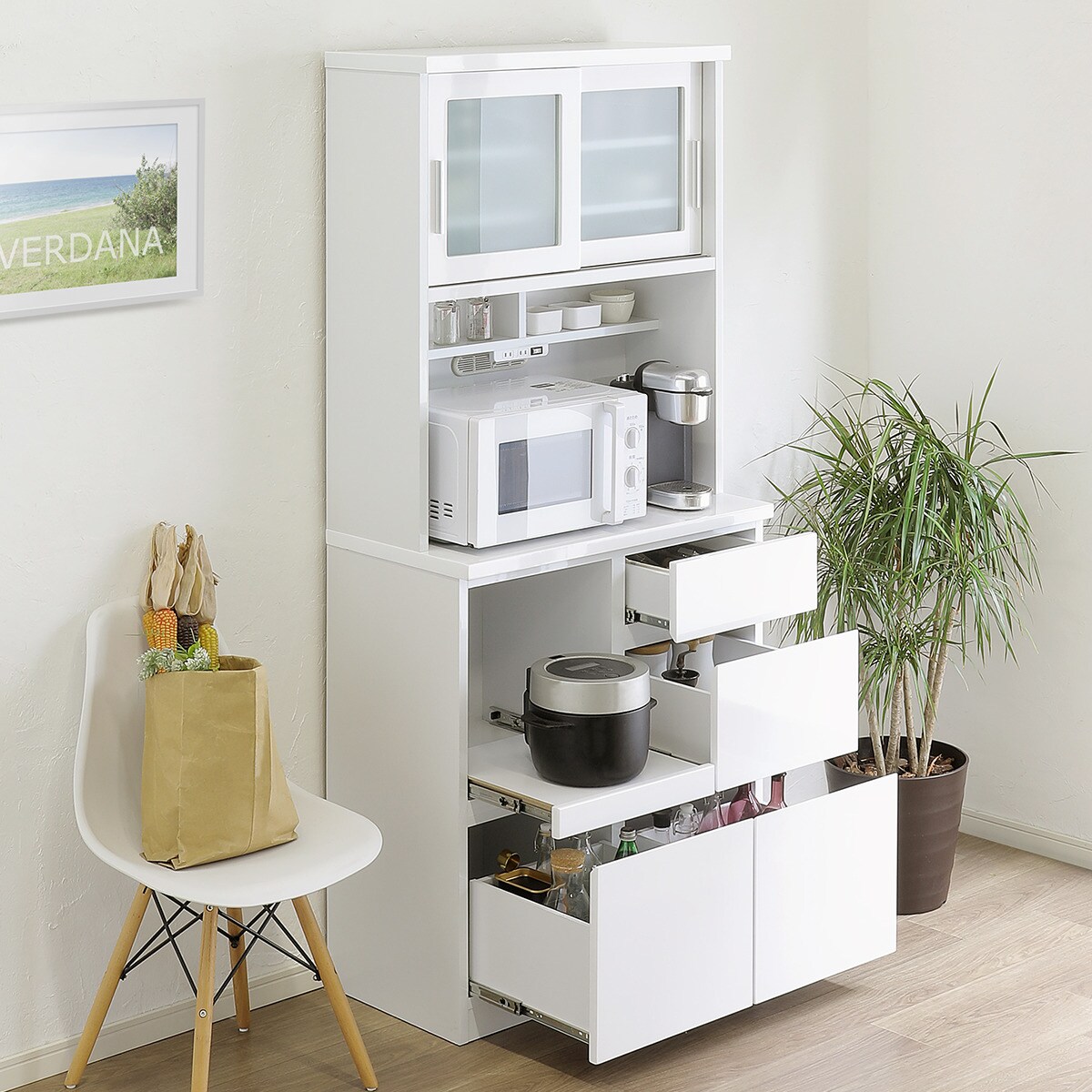 鏡面仕様のキッチンボード 引戸タイプ（幅80cm WH）　　 【配送員設置商品】