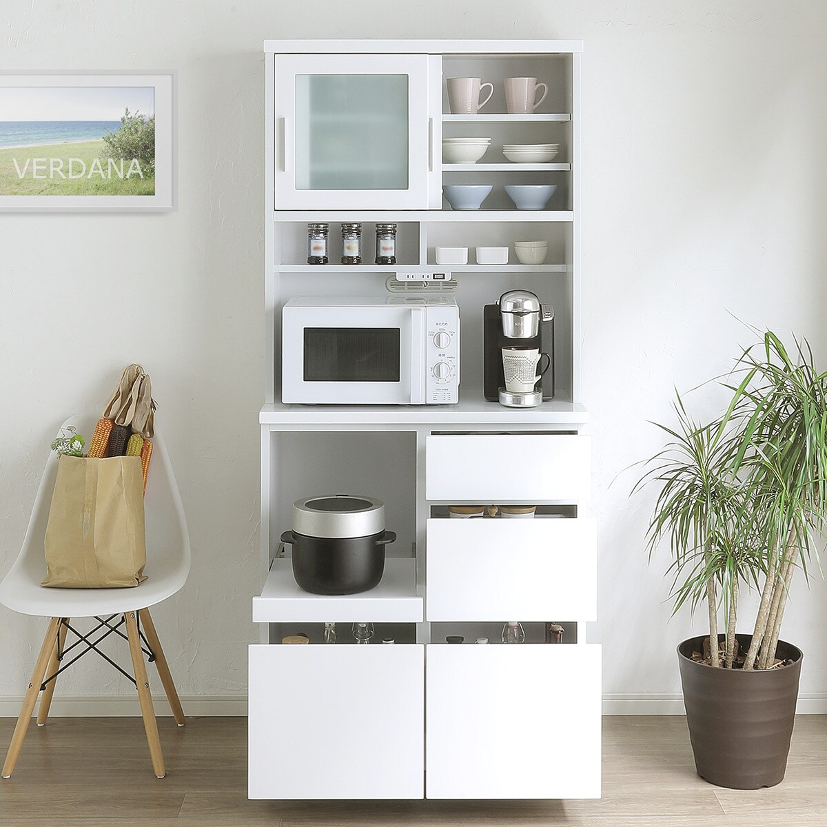 鏡面仕様のキッチンボード 引戸タイプ（幅80cm WH）　　 【配送員設置商品】