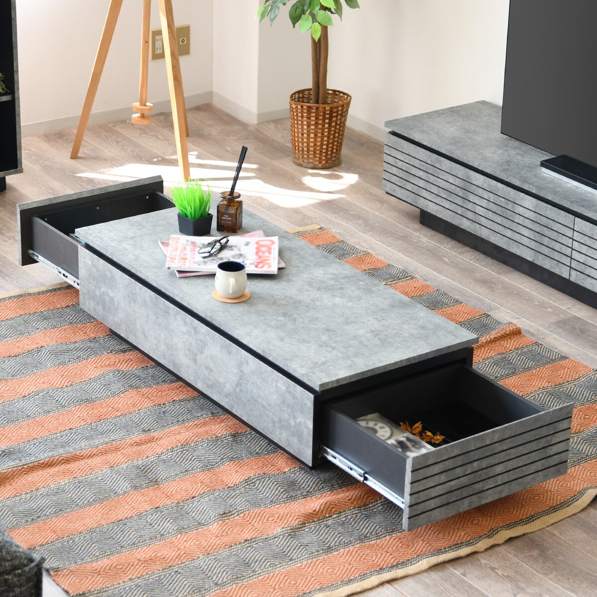 石目柄リビングテーブル (引き出し付き)  【配送員設置商品】