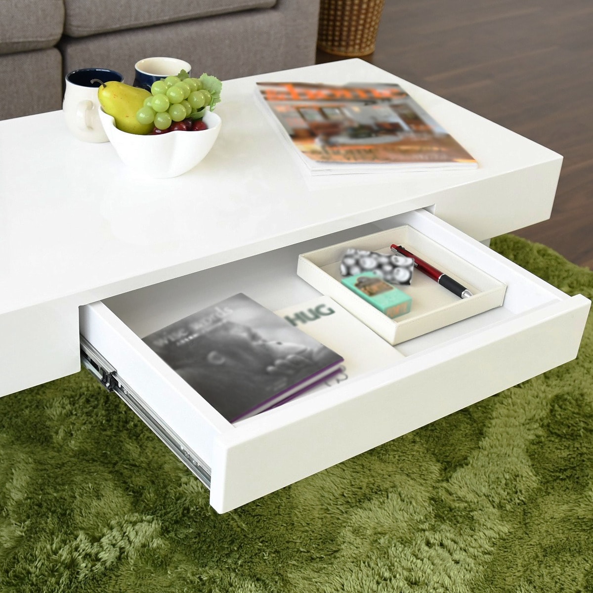 エナメル鏡面仕様のセンターテーブル （引き出し付き） 　メーカー直送・