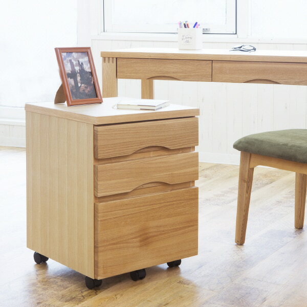 タモ突板の木目がうつくしい天然木デスクワゴン 3段 （ライトブラウン） 　メーカー直送・