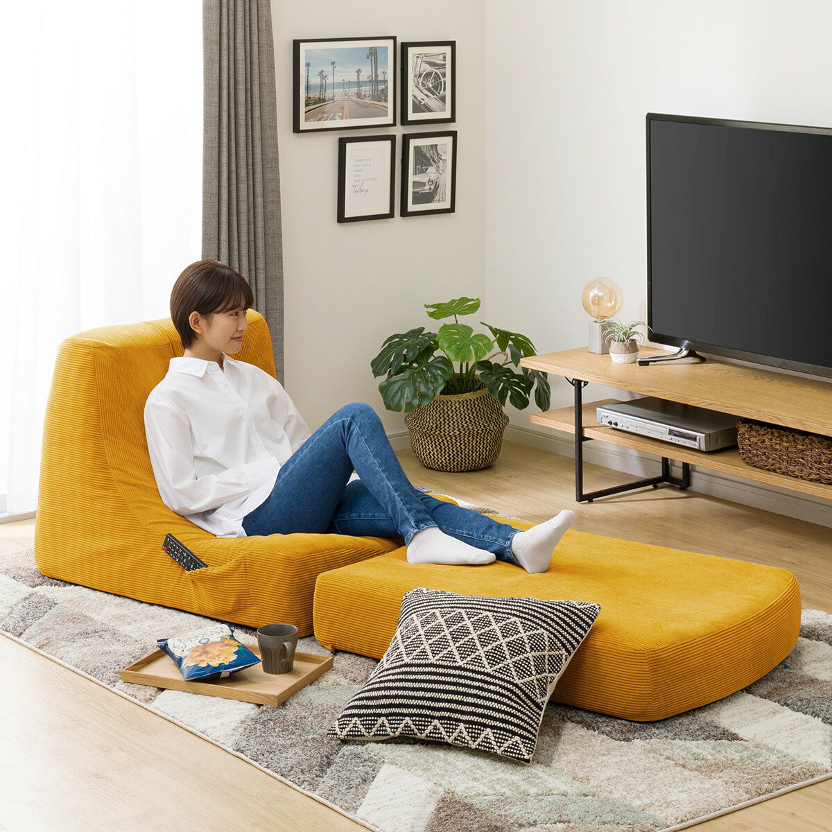 積み重ねできるリラックスソファ　コーデュロイ （YE） 　メーカー直送・