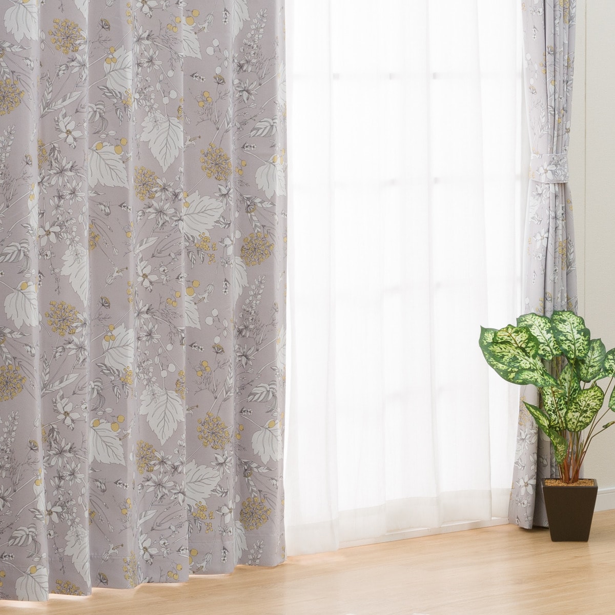 遮熱・遮光ドレープカーテン(リーフGY) 　 デコホーム