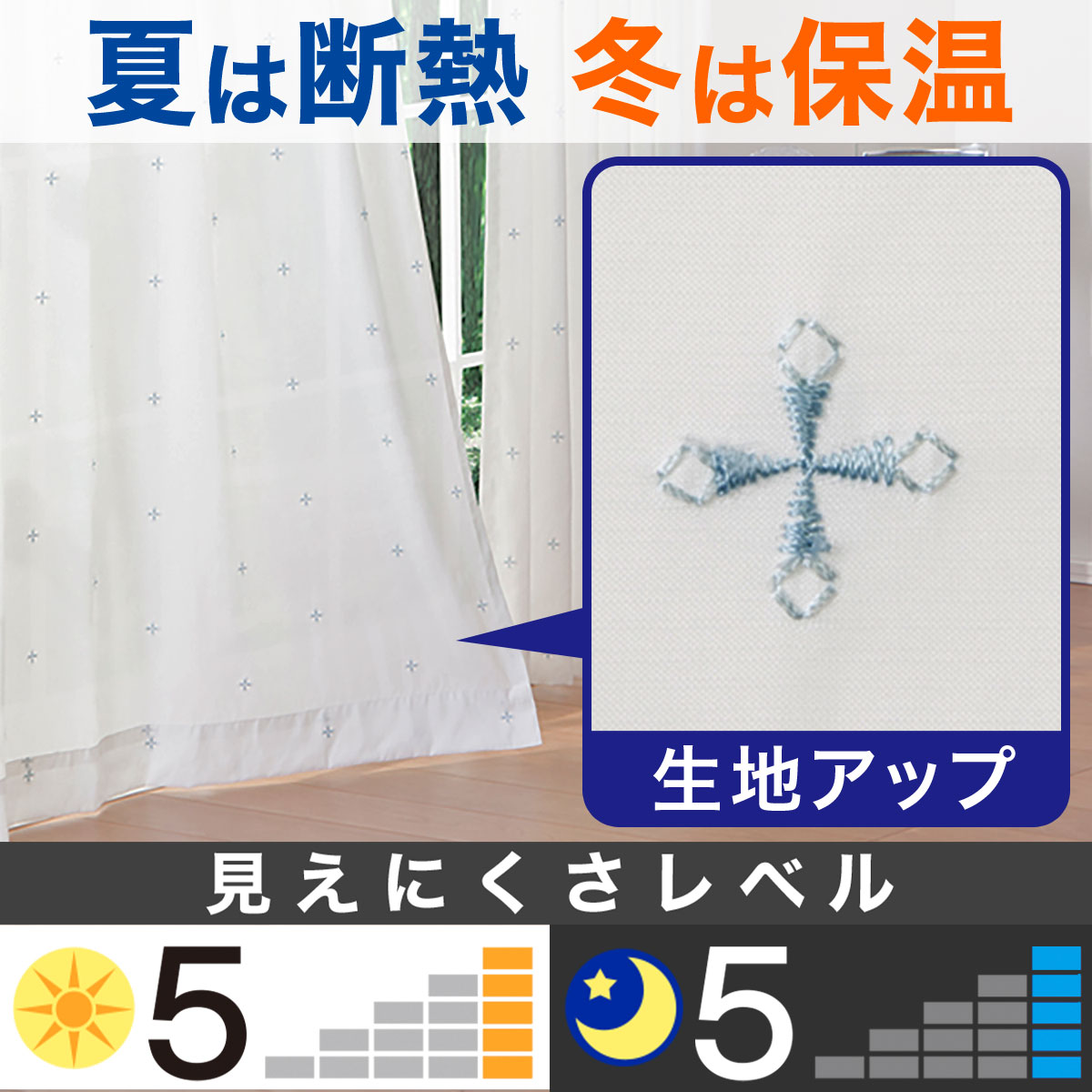 （1枚入り）遮熱・遮像レースカーテン(クローチェ ターコイズブルー 100X138X1)   【1年保証】