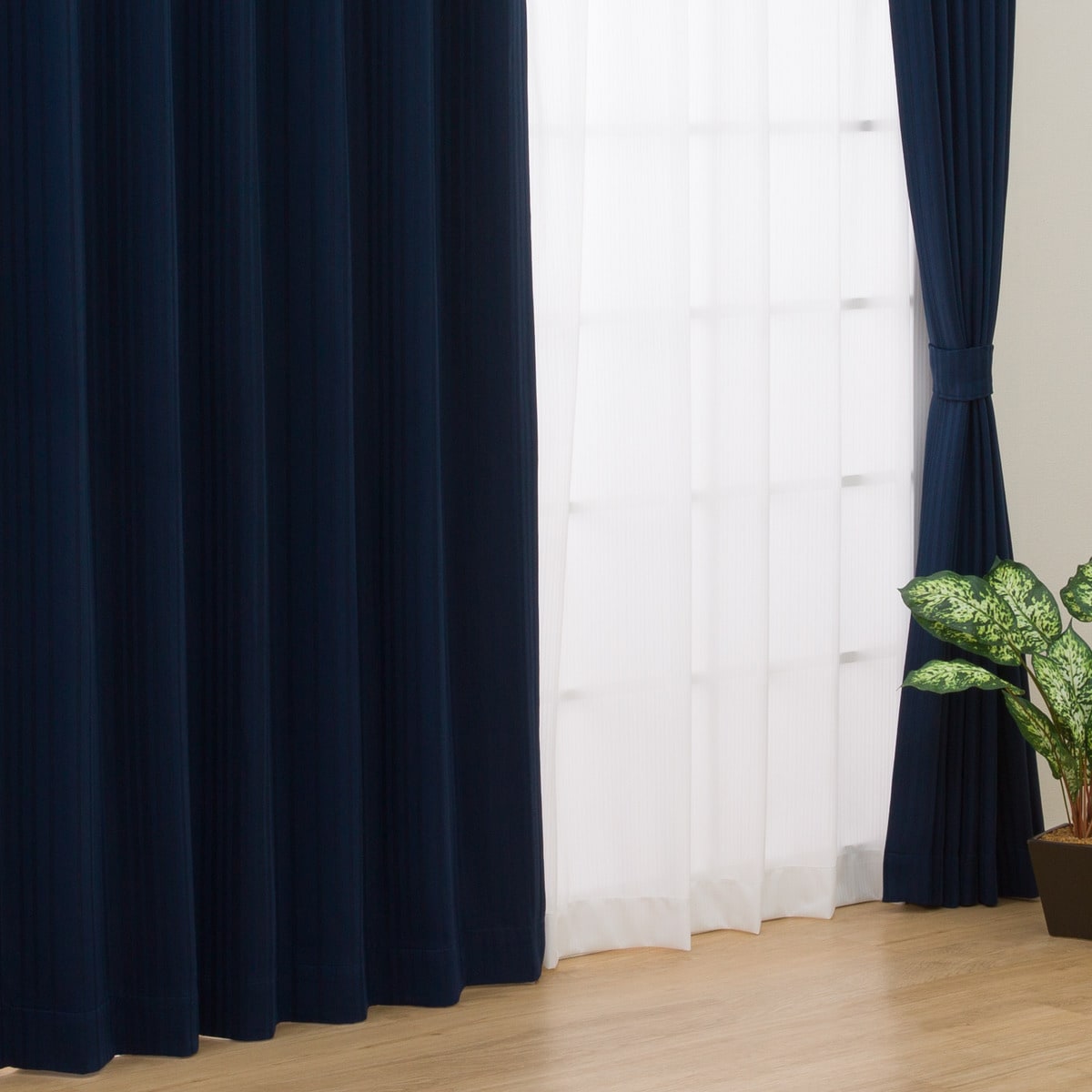 遮光1級・遮熱カーテン＆遮熱・ミラーレース4枚セット（Nナーシャ2 ネイビー）