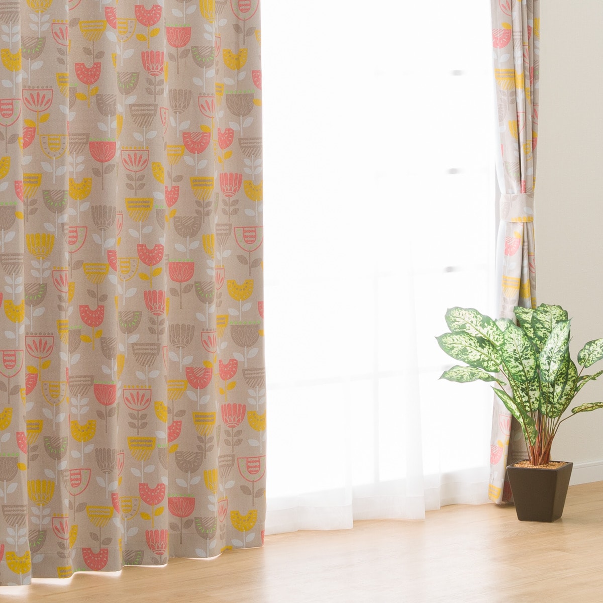 遮光2級カーテン＆レース 4枚セット (RP005) イエロー