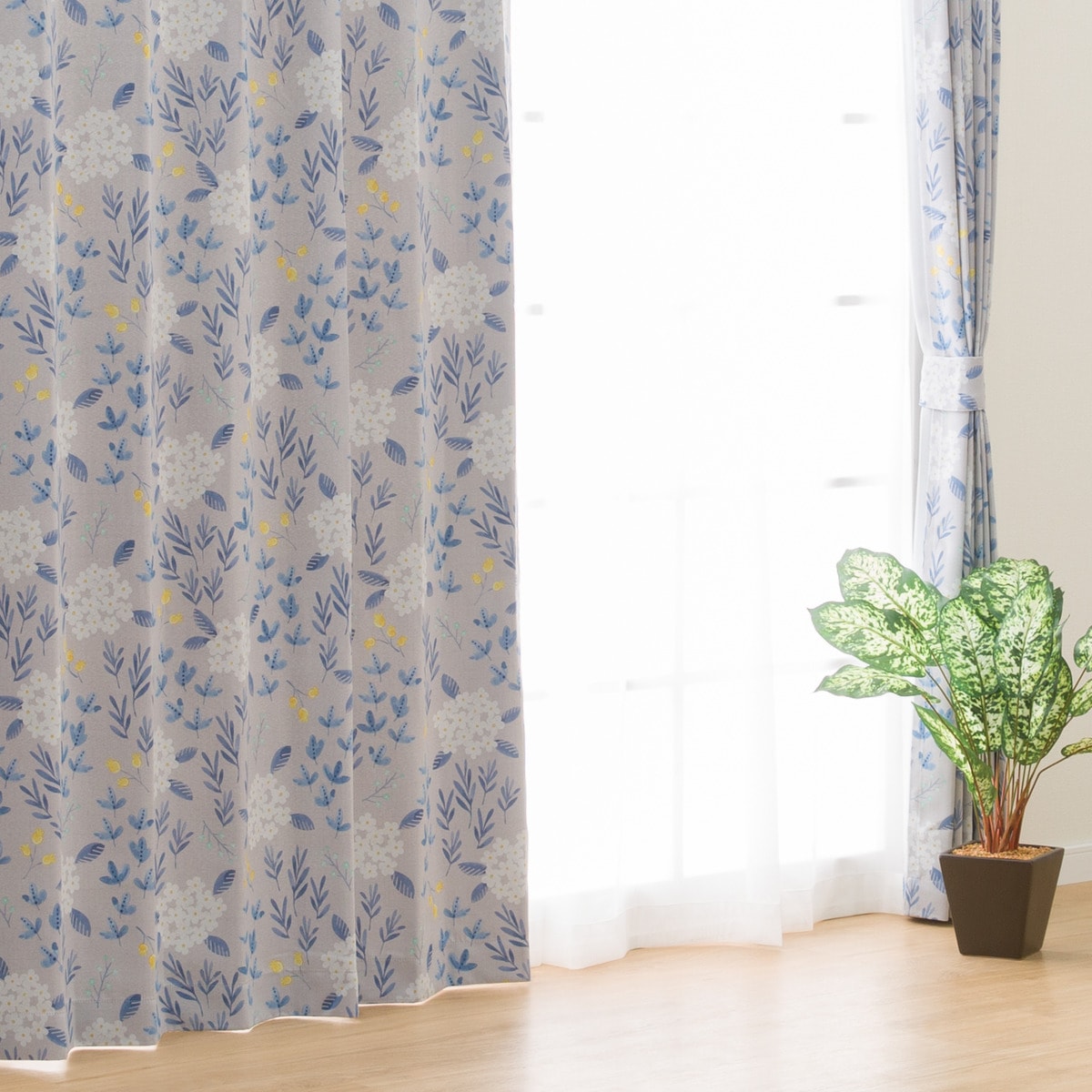 遮光2級カーテン＆レース 4枚セット (RP006) ブルー