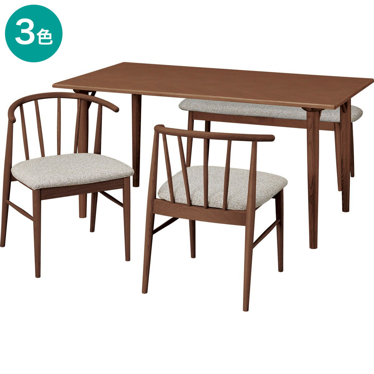 天然木を使用したテーブル、チェア2脚、ベンチのダイニングテーブル4点セットです。天然木のあたたかみを感じられる、ナチュラルでやさしい風合いが魅力。お部屋にすっとなじむシンプルなデザインで、さまざまなテイストのインテリアにも合わせやすく、コー...