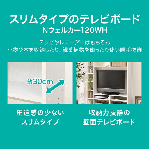 [幅120cm] テレビ台 ハイタイプ テレビボード  白 北欧 収納 120cm スリム テレビボード(Nウェルカー120) シンプル ベーシック 無地 ホワイト 奥行30cm 37型 37インチ 巾木よけ加工 配線穴   【1年保証】