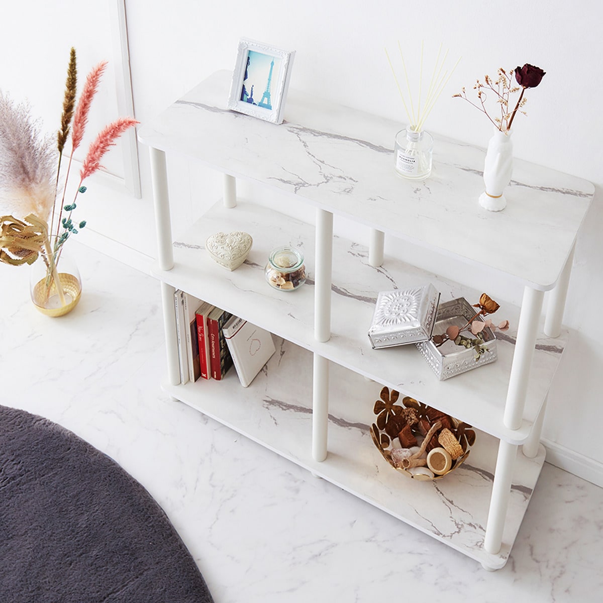 システムラック3段 ワイド(大理石柄 ホワイト)