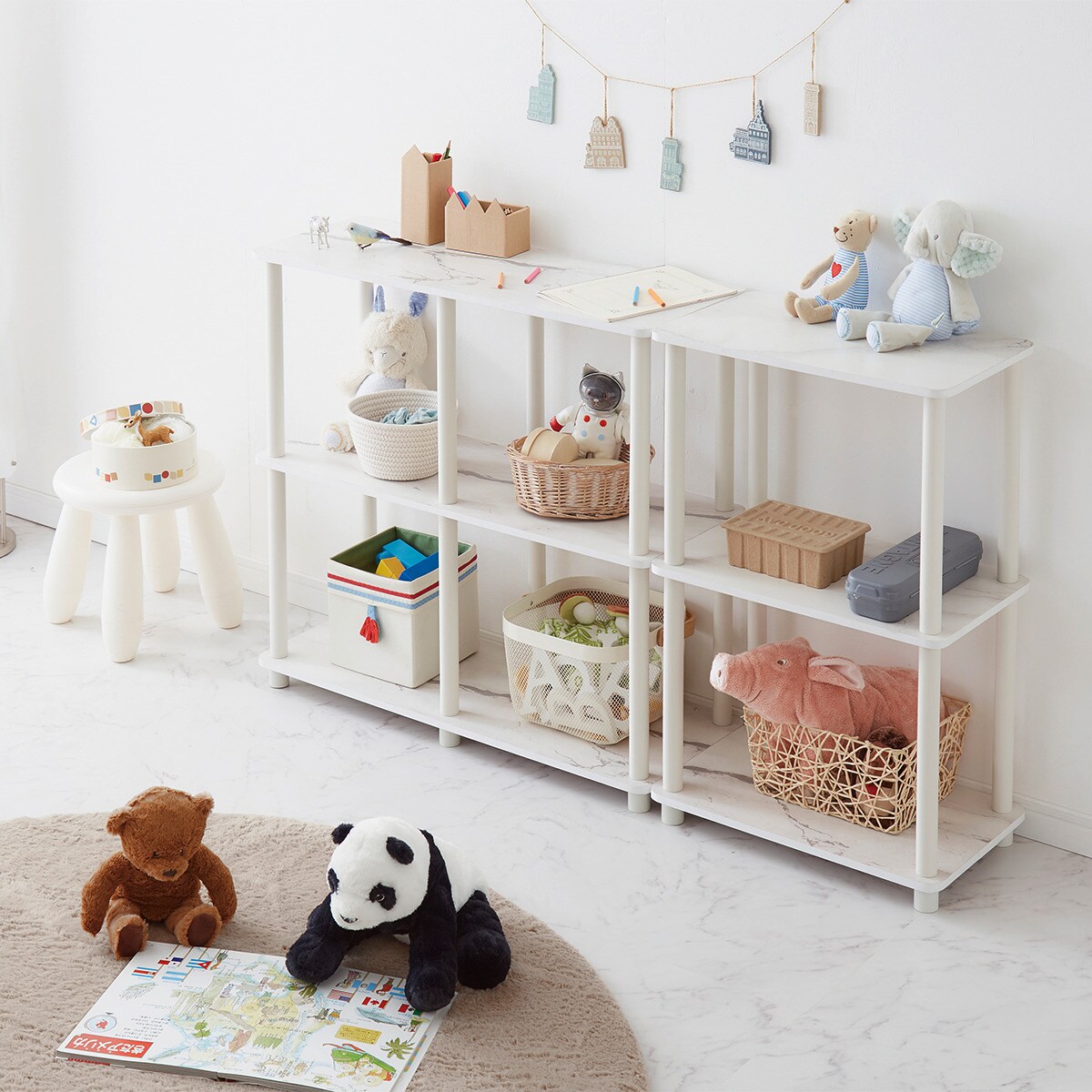 システムラック3段 ワイド(大理石柄 ホワイト)