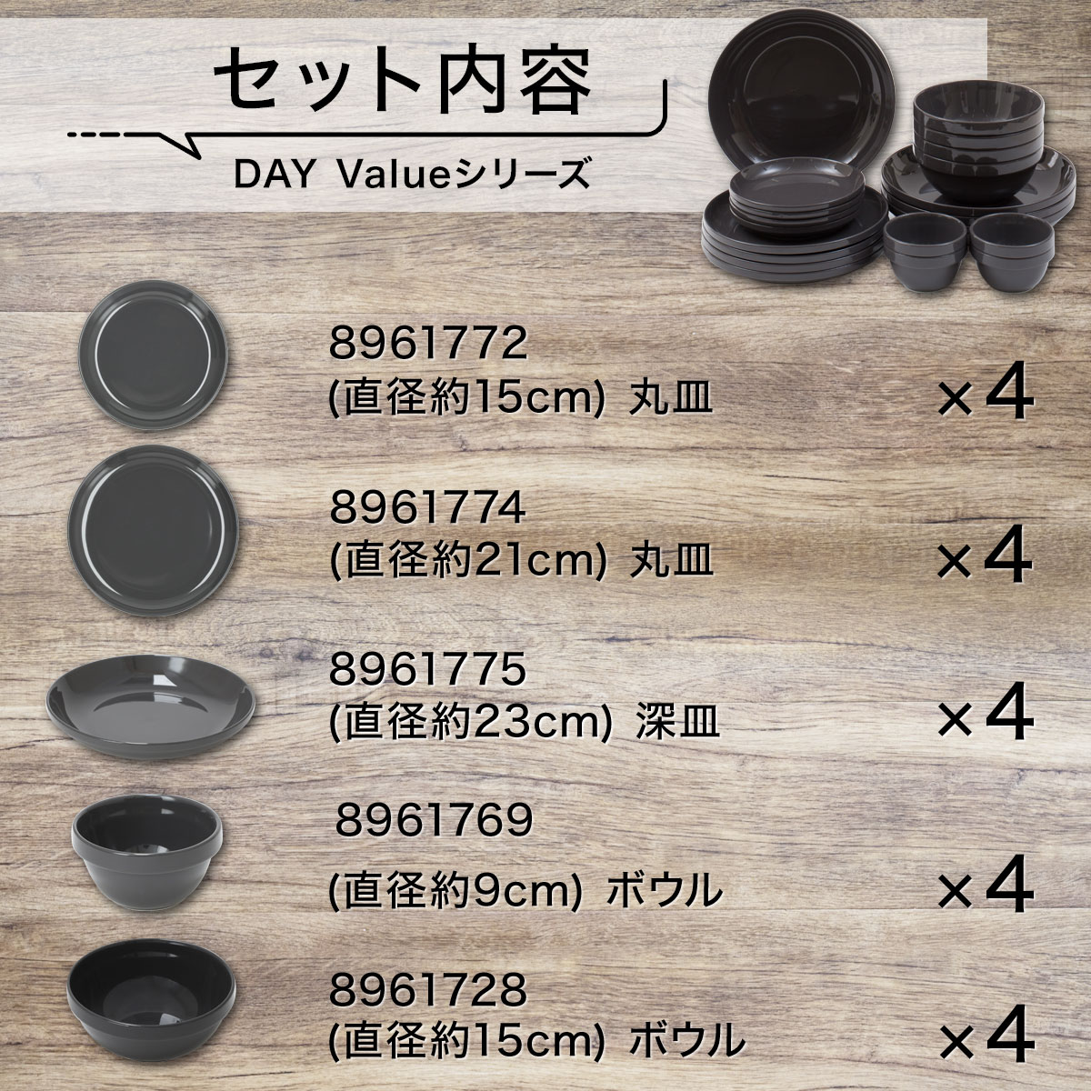 綺麗にスタッキングできるお皿　DAY Valueシリーズ　ダークグレー色5種20点セット