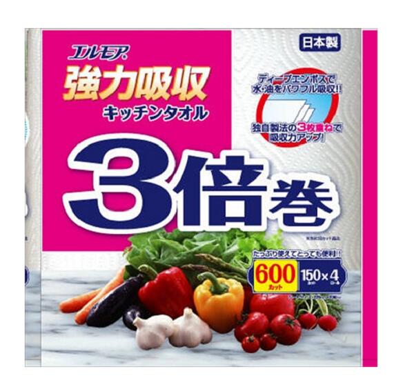 【単品12個】エルモア 強力吸収キッチンタオル 3倍巻 4ロール 3枚重ねx150カット 12個 カミ商事 キッチンタオル 3倍巻 大容量 買い置き まとめ買い キッチン用品 消耗品 日用品 送料無料 レビュー特典付き