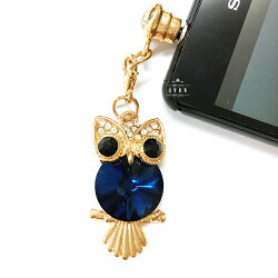 イヤホンジャックフクロウふくろうスマホケースピアスホコリ防止ゴールド水侵入防止ラインストーンキラキラアクセサリーイヤホン穴カバースワロフスキー風かわいいキュートiphone6xperiagalaxy