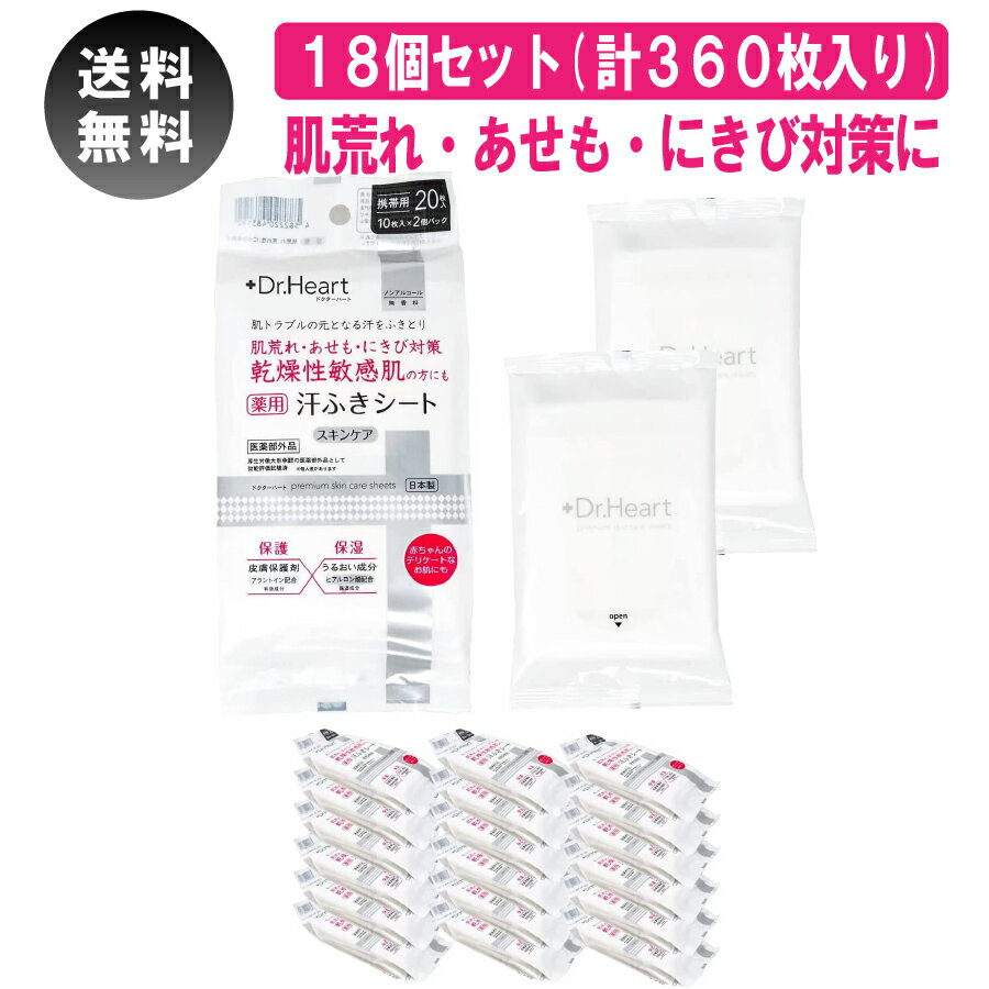 【送料無料】医薬部外品 薬用 ノンアルコール 汗ふきシート 無香料 携帯用 10枚入り×2パック×18個セット(360枚) シートサイズ140mm×200mm 全身用 Dr.Heart 日本製 肌荒れ アラントイン うるおい成分 ヒアルロン酸 配合