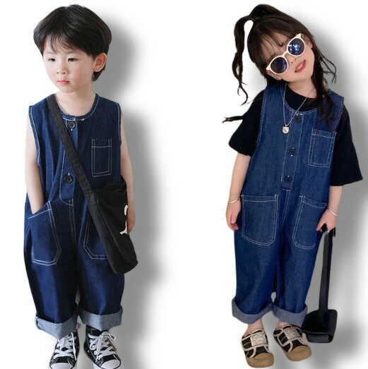 デニムサロペット キッズ オールインワン デニム サロペット 男の子 女の子 ロングパンツ オーバーオール パンツ 子供服 ガールズ ボーイズ カジュアル ジュニア 春 夏 秋 韓国風 可愛い 子ども服 お出かけ ブルー ゆったり 90 100 110 120 130 140cm
